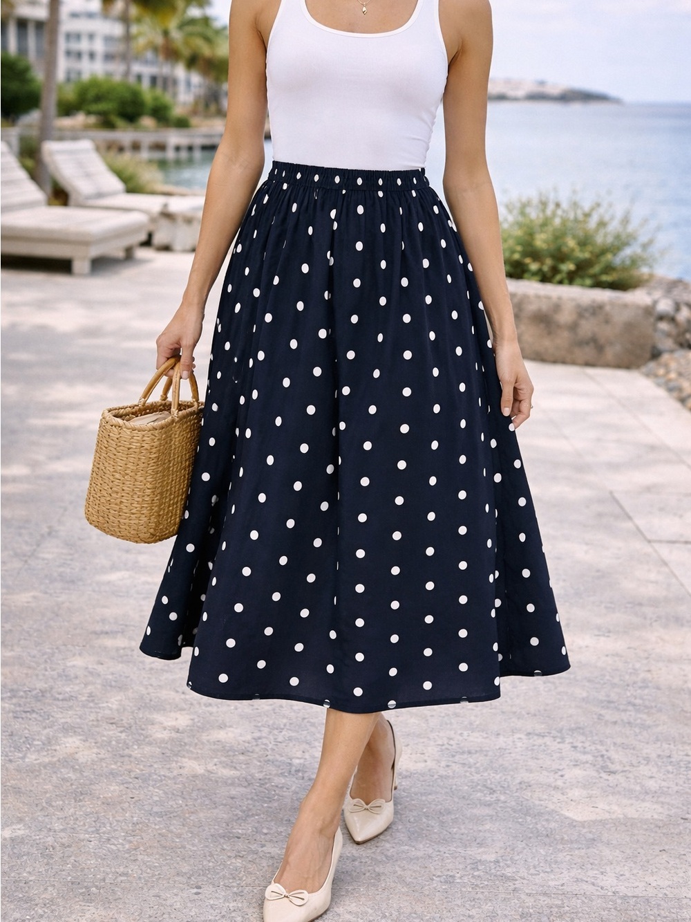 Old Navy Occasion Navy Polka Dot Midi Skirt – Parisian Coastal Chic – M